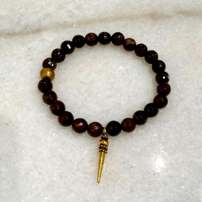 Nwt Brown Beaded Faceted Agate Bracelet With Gold Charm
